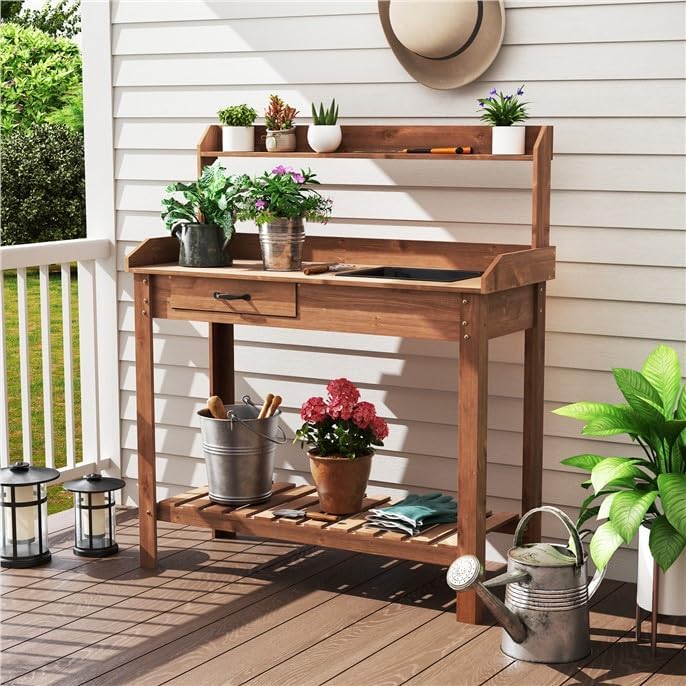 ARNOT Potting Bench,Outdoor Potting Bench Table with Sink and Storage Shelves, Wooden Garden Workstation for Gardening Tools, Planting, and Repotting – Natural Fir Wood (38" x 17" x 50")