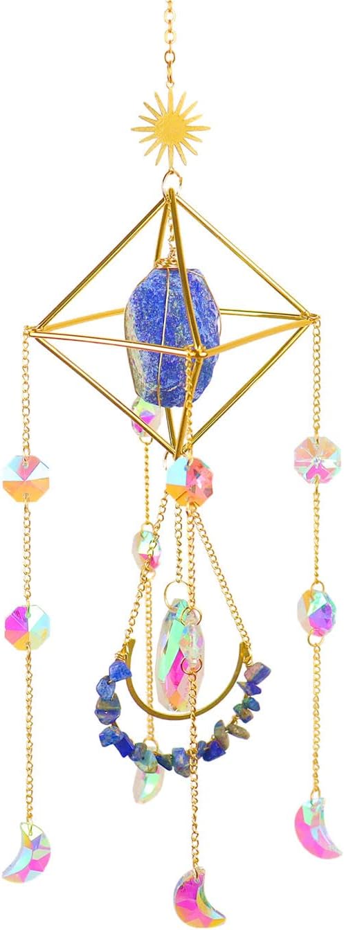 Crystal Suncatcher Lapis Lazuli, Blue Sun Catcher Hanging Decor, Blue Lazurite Crystal Window Hanging, Gemstone Prism, Boho Chic Decor, Raw Natural Stone (Lazurite)