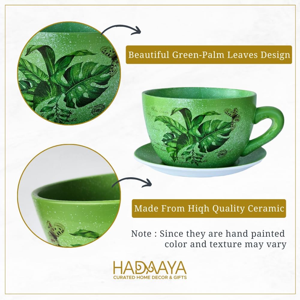 7.5" Ceramic Teacup Planter Pot with Saucer | Ideal for Succulents, Orchids, Herbs & Flowers | Indoor & Outdoor Use | Thoughtful Gift for Birthday or Wedding & More - Green - Palm Leaves