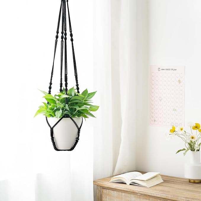 Mkono 43 Inch Macrame Plant Hanger Large for up to 12 Inch Pot Extra Long Hanging Plant Holder No Tassels Hanging Planter Basket with Wood Beads for Indoor Outdoor Boho Home Decor, Black