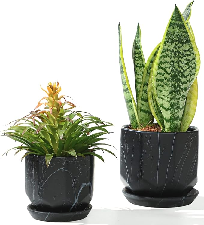 Black Plant Pot with Drainage Holes and Saucers, Ceramic Pots for Indoor Outdoor Plants, 4 & 5 Inch Premium Hand Glazed Sustainable Planters for Flower, Garden, Succulent, Nursery, Home Decor