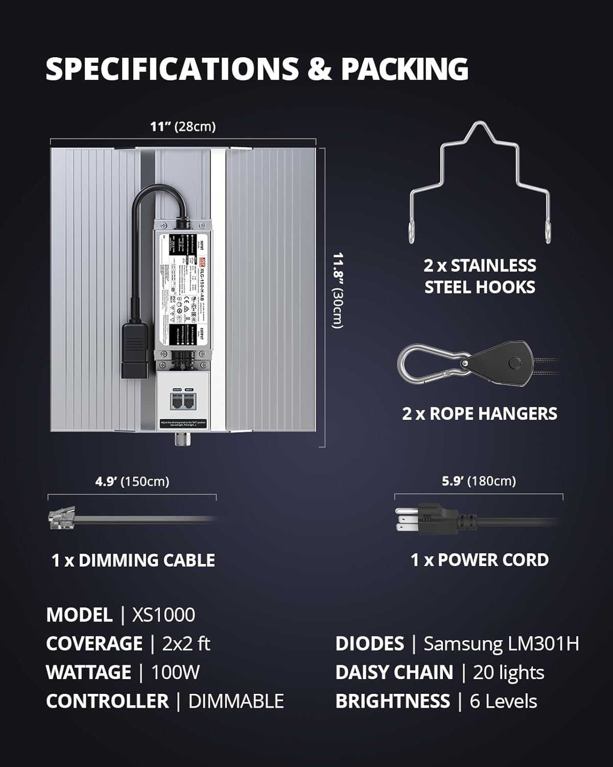 VIPARSPECTRA XS1000 Led Grow Light Compatible with Samsung LM301H High PPFD, Dimmable High Efficiency Grow Lights for Indoor Plants, Full Spectrum Daisy Chain Plant Light for 2x2/ 3x3 Grow Tent
