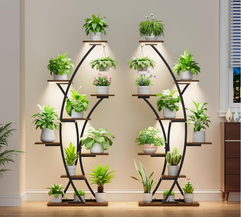 Plant Stand Indoor with Grow Lights: 64" 2 Pack Large Plant Stands, 8 Tiered Curved Plant Shelf for Indoor Plants Multiple, Tall Lighted Corner Display Shelves, Flower Holder for Living Room, Patio