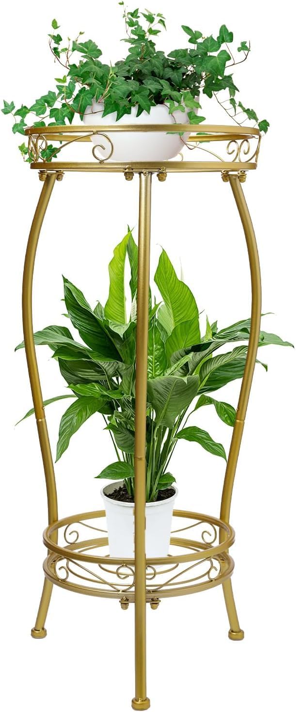 Plant Stand Indoor Outdoor，Tall Gold Metal Rustproof Stable Plant Stands，2 Tier 27.1 inch Multiple Plant Rack Holder Rack Flower Pot Stand Heavy Duty Plant Shelf (Gold)