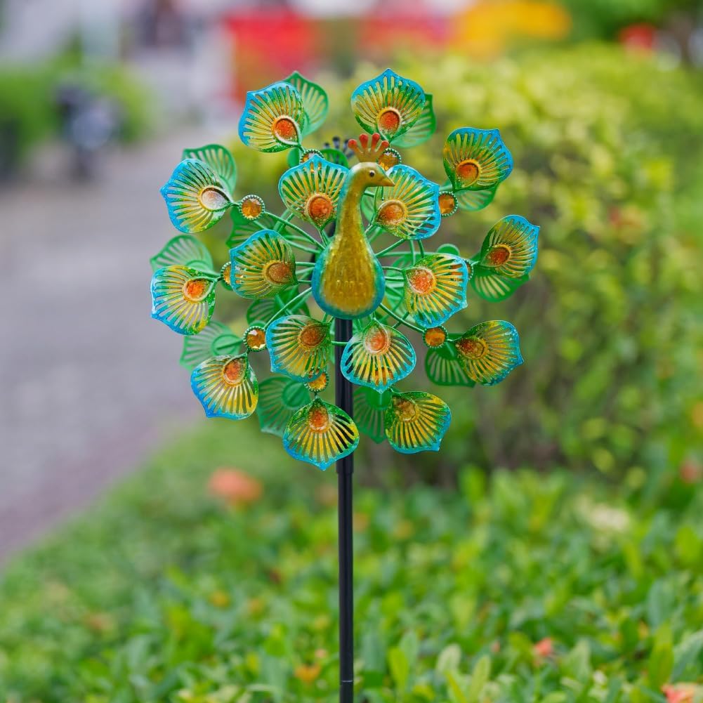 Peacock Wind Spinners Outdoor,13” Metal Wind Spinner Garden Pinwheels,360°Peacock Wind Sculptures & Spinners,Kinetic Wind Spinners for Yard and Garden(13.8”W X 64.2”H)