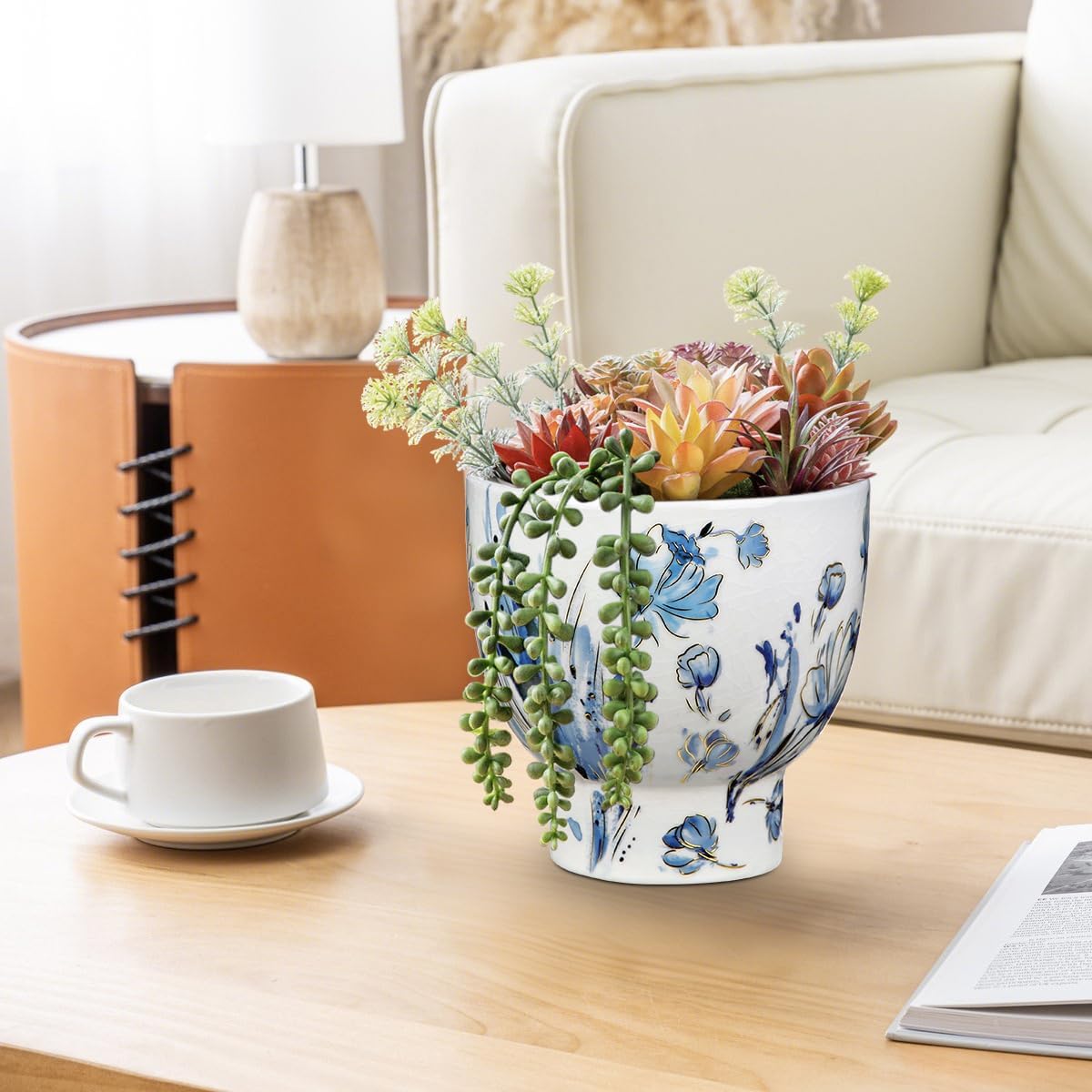 5.5 Inch Decorative Flower Pots, Blue and White Plant Pot Gold Accent Ceramic Planters for Indoor Plants Pots with Drainage Retro Planter Pot for Succulents Cactus Herb Snake Plants Outdoor Garden