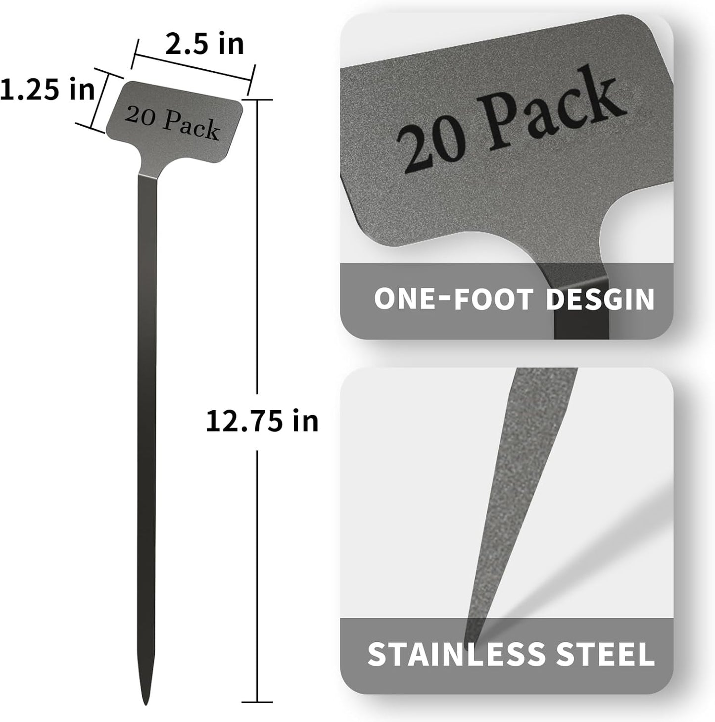 Stainless Steel Plant Labels, Metal Waterproof Plant Markers,Height 12.75 in, Label Area 2.5 in*1.25 in resuable Nursery Tags for Vegetables herb Flower Seed Green House- 20-Pack