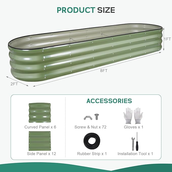 Galvanized Raised Garden Bed - 8×2×1ft Planter Raised Beds for Gardening | Oval Metal Garden Planter Box with Safety Edging and Bracing Rods for Vegetables Fruits and Flowers Oliver Green