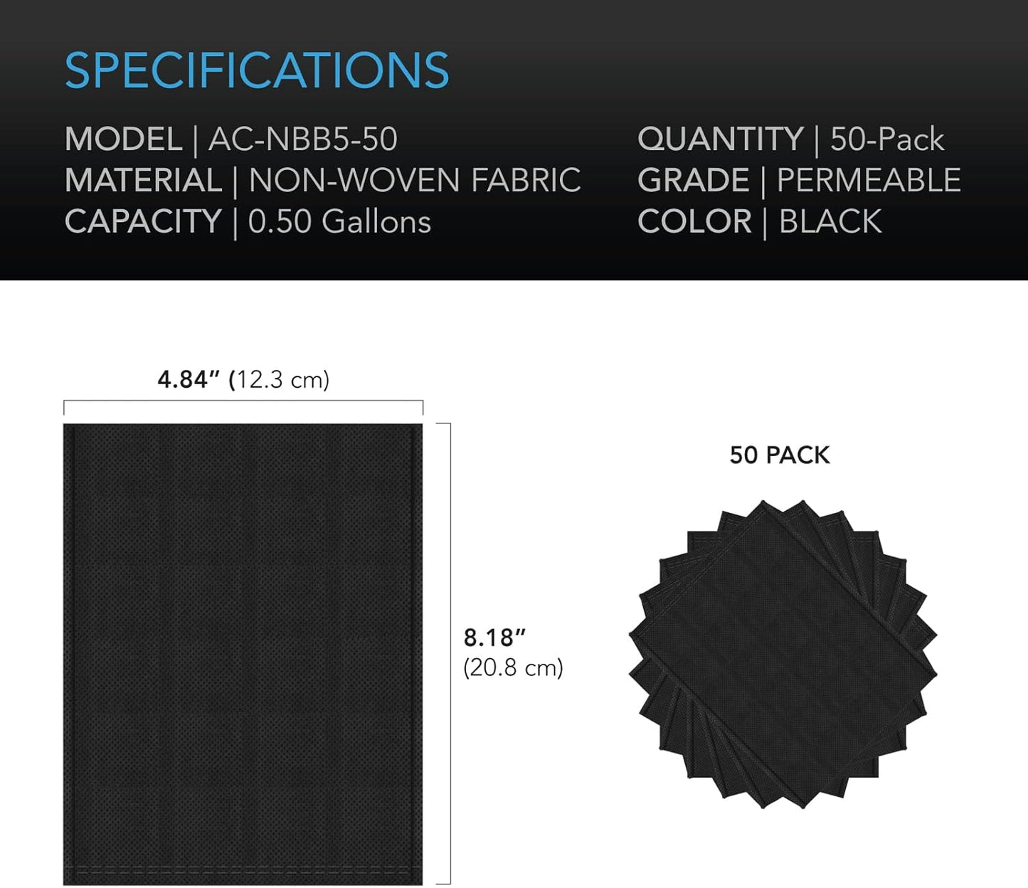 AC Infinity Nursery Bags 1/2 Gallon, Non-Woven Fabric Growing Pouches, 50-Pack Biodegradable Plant Pots for Seed Starting, Soil Transplant, Home Garden Supply