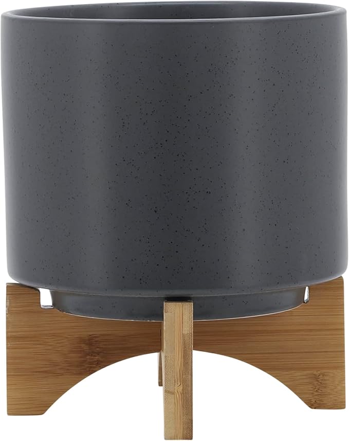 Sagebook Home 8" Ceramic Planter, Matte Gray Planter, Indoor/Outdoor Planter on Wooden Stand - Use for Succulent Pot, Plants, Flowers and More