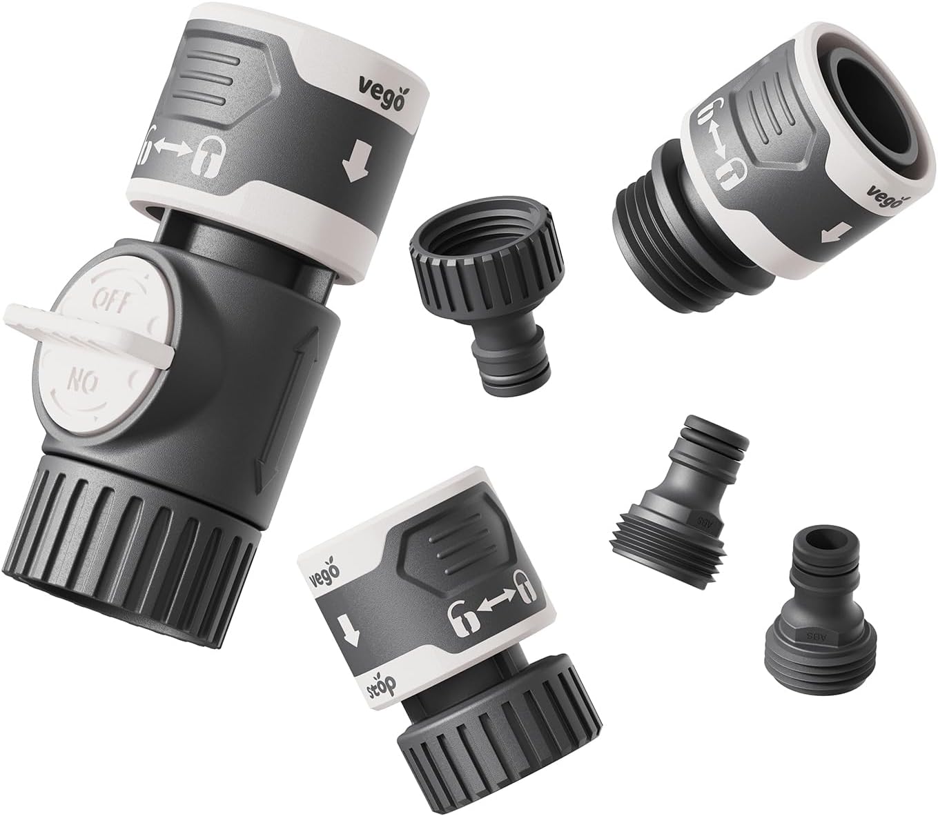 Vego Quick Connector Set with Shut-Off Valve, Water Stop & Lock, and Adapters for Effortless Hose Connections Feature Quick Release Kit Hose Fittings and Adapters- V1 Set of 6