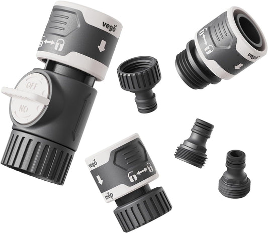 Vego Quick Connector Set with Shut-Off Valve, Water Stop & Lock, and Adapters for Effortless Hose Connections Feature Quick Release Kit Hose Fittings and Adapters- V1 Set of 6