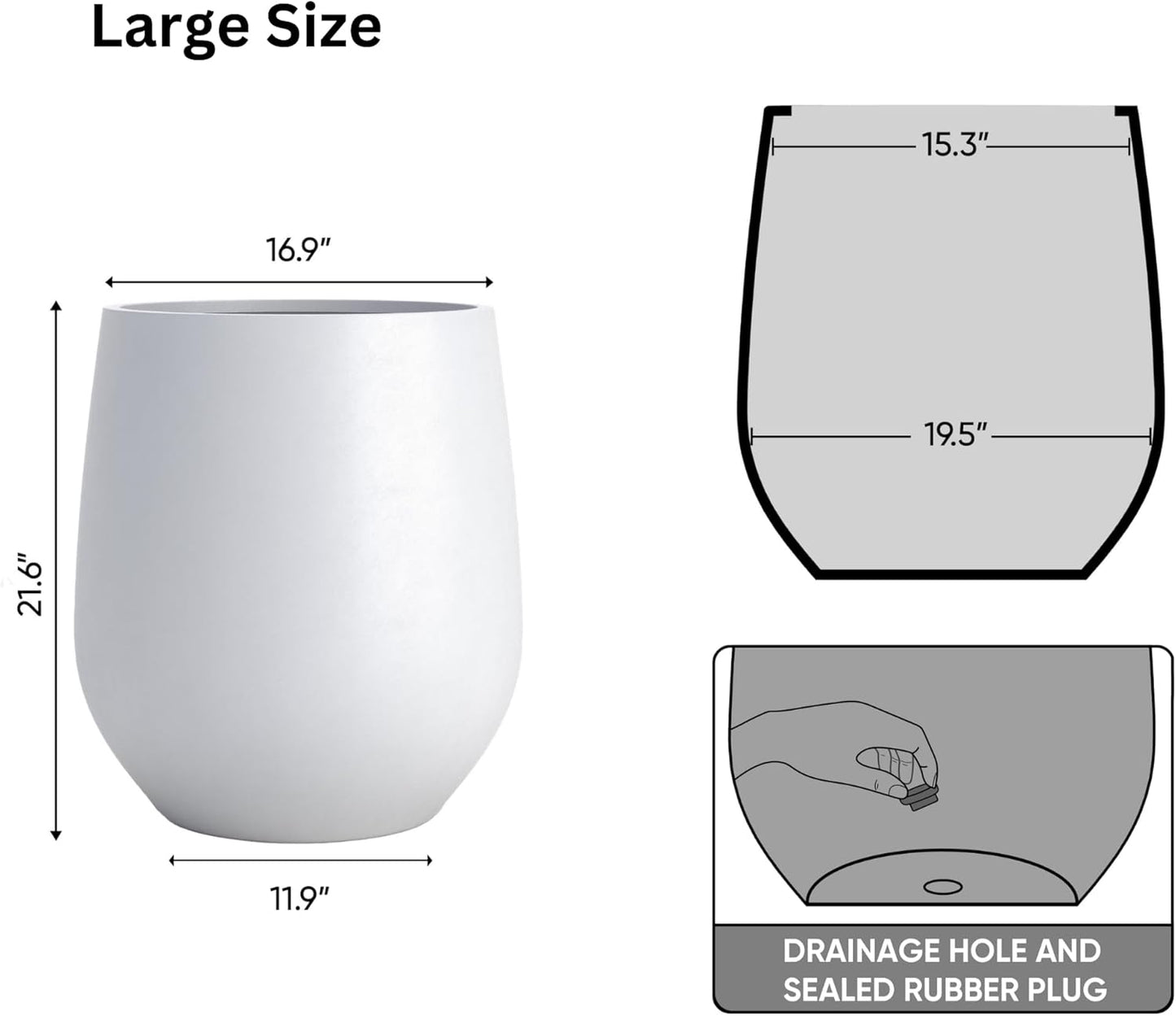 DTY Signature Mount Wilson Lightweight and Durable Modern Fiberstone Tapered Planter for Indoor Outdoor Drainage Hole & Rubber Plug Weather Resistant, 21.7" H x 20" Dia,15.7" Opening - Large, White