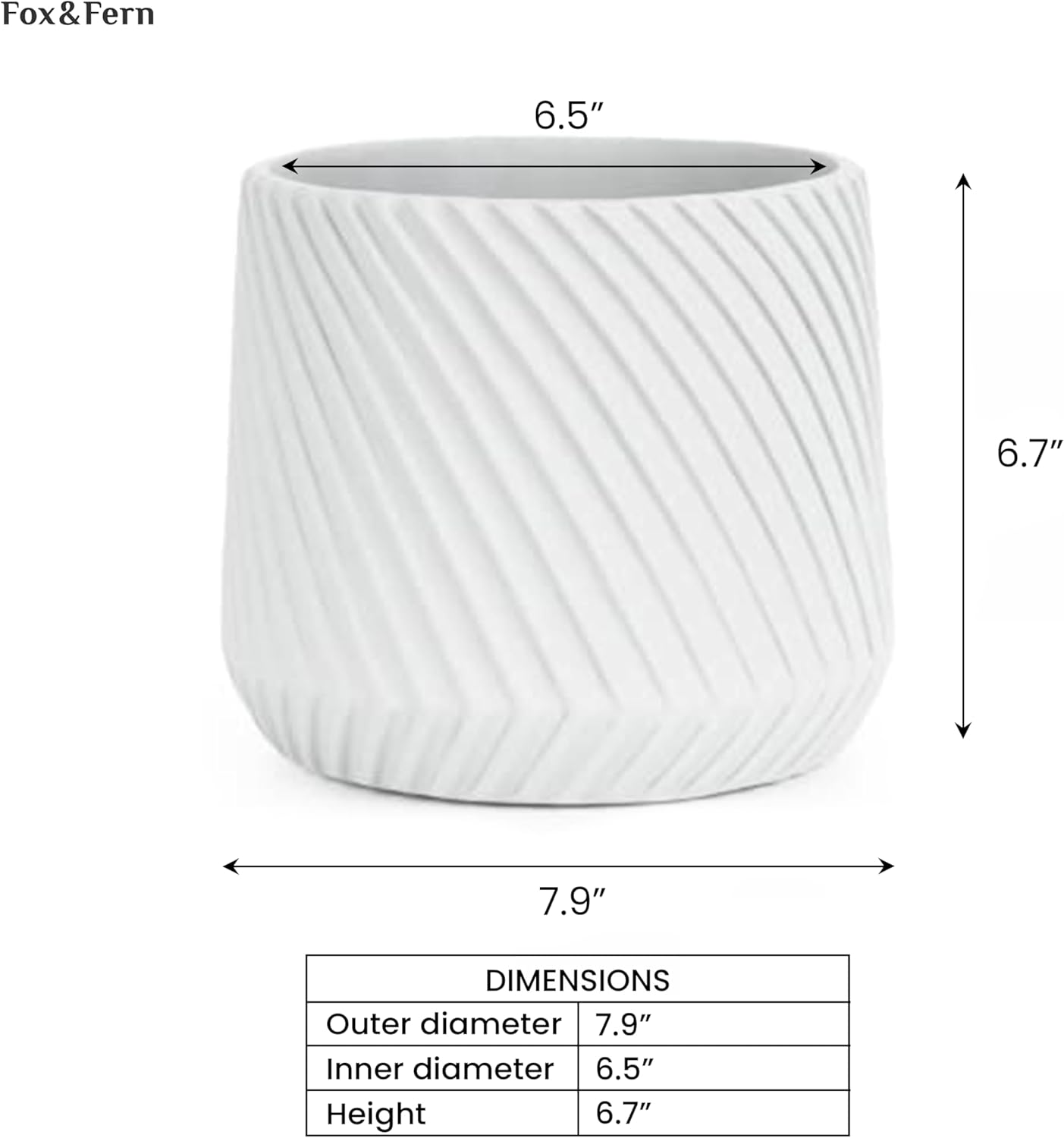 Fox & Fern 8 Inch Plant Pot with Drainage Plug — Premium Polystone White Plant Pot; Modern Planter with 3D Texture and Ceramic Finish; 8 Inch Pots for Plants Indoor & Outdoor; Lightweight