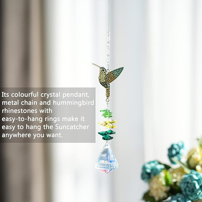 Rhinestones Hummingbird with Crystal Sun Catcher, Glass Window Hanging Ornament,Crystal Prism Suncatcher Outdoor Indoor Home Garden Party Decoration