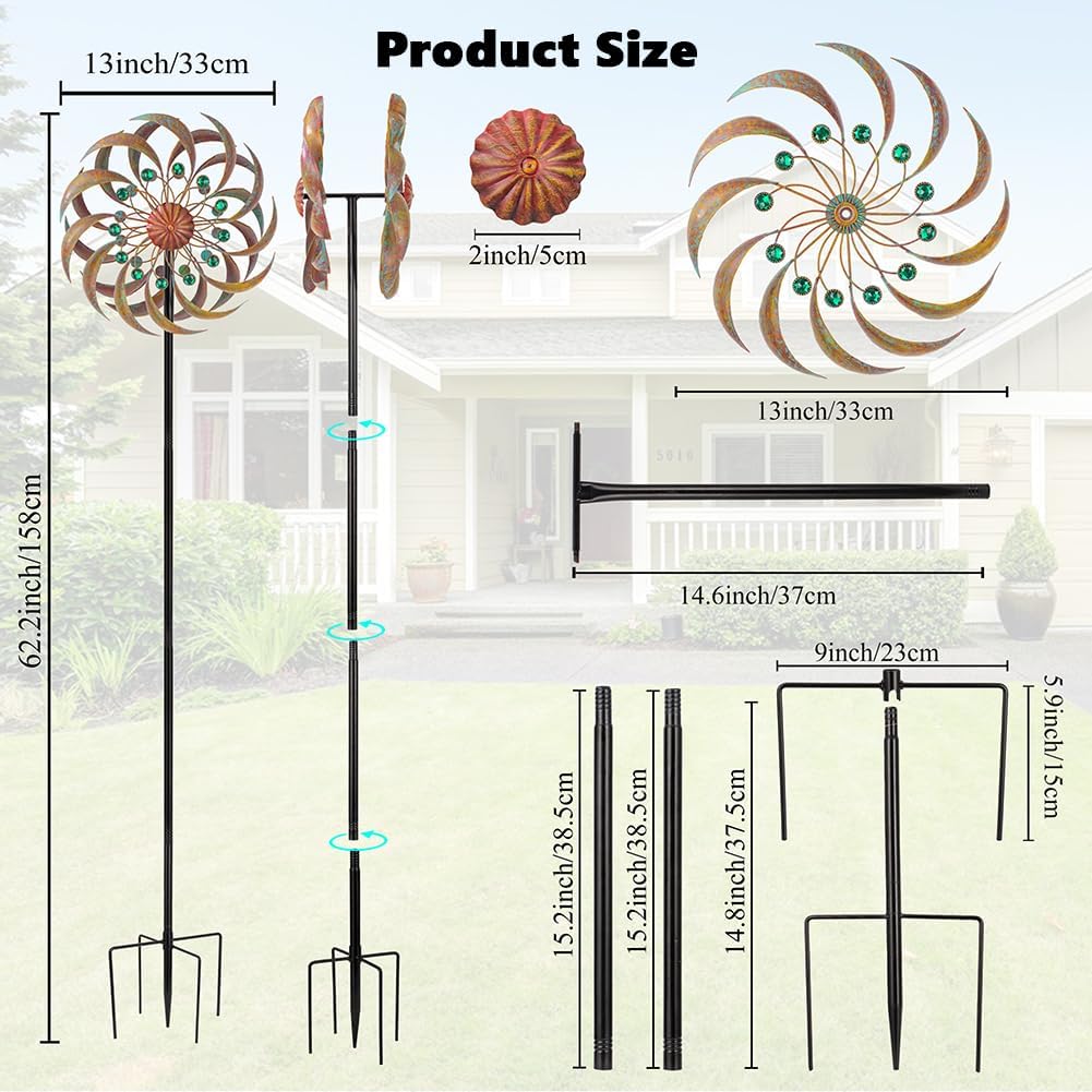 VEWOGARDEN Garden Metal Wind Spinners Outdoor Kinetic Wind Sculptures & Spinners for Yard Lawn Patio Decorations, Patina