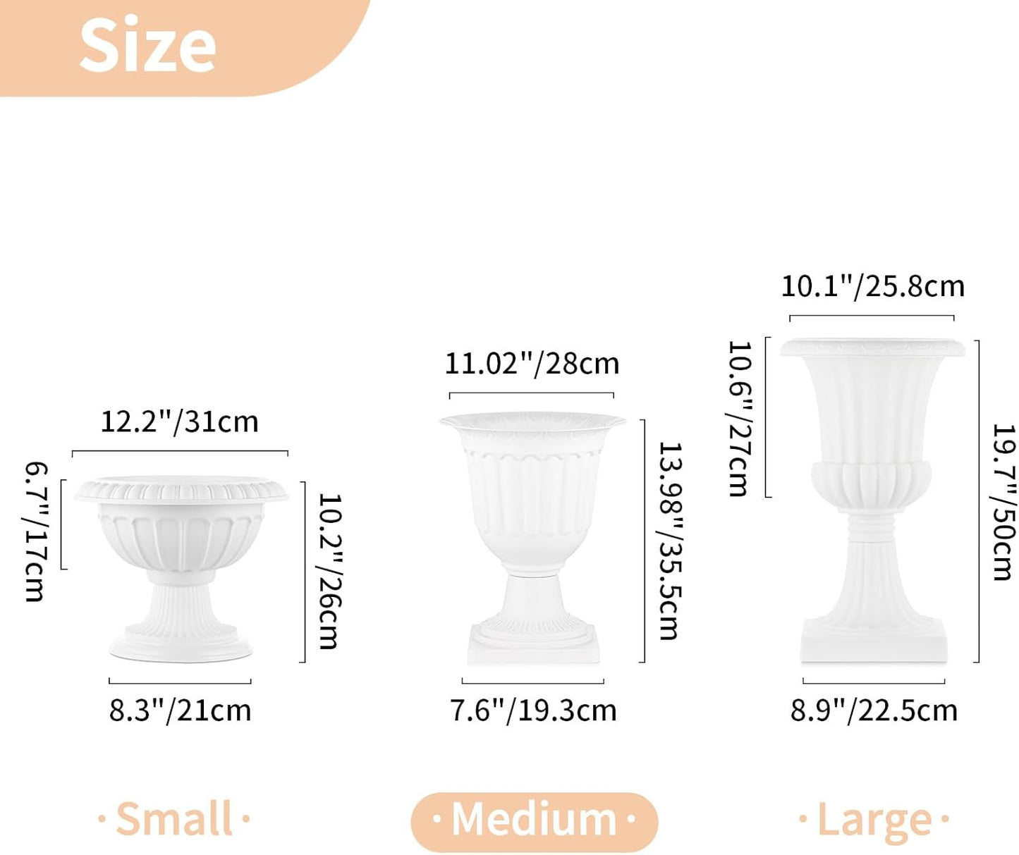 NUPTIO 2 Pcs Classic Urn Planter, 13.98 inch Plastic Outdoor Urn, Tall Pedestal Plastic Planter, Flower Pot for Garden Front Porch Door