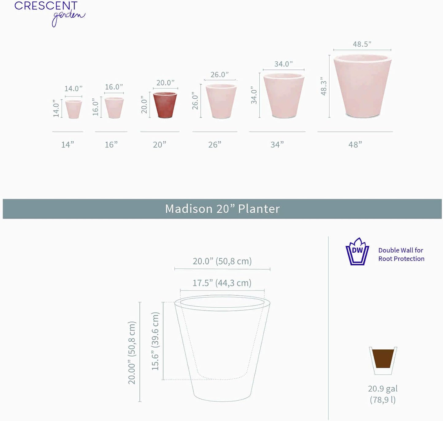 Crescent Garden Madison Planter– Weather-Resistant, Double Walled Indoor/Outdoor Plant Pot with Drain Hole – Durable All-Season Flower Container, 16" W (Old Bronze)