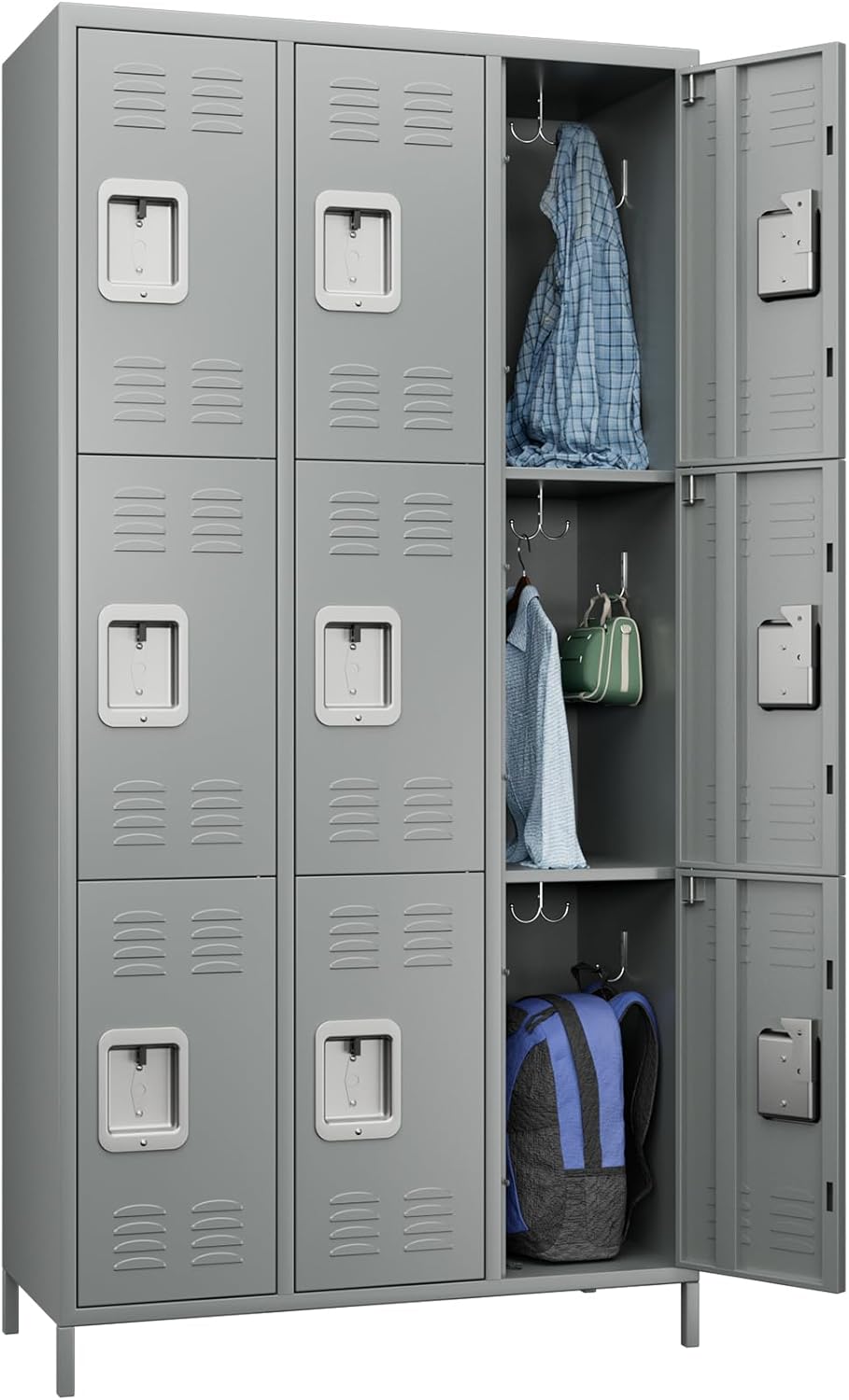 Metal Storage Locker with 9 Doors and 27 Hooks,Metal Lockers for Employees with Lock for School Garage Office Gym,Assembly Required,Light Grey