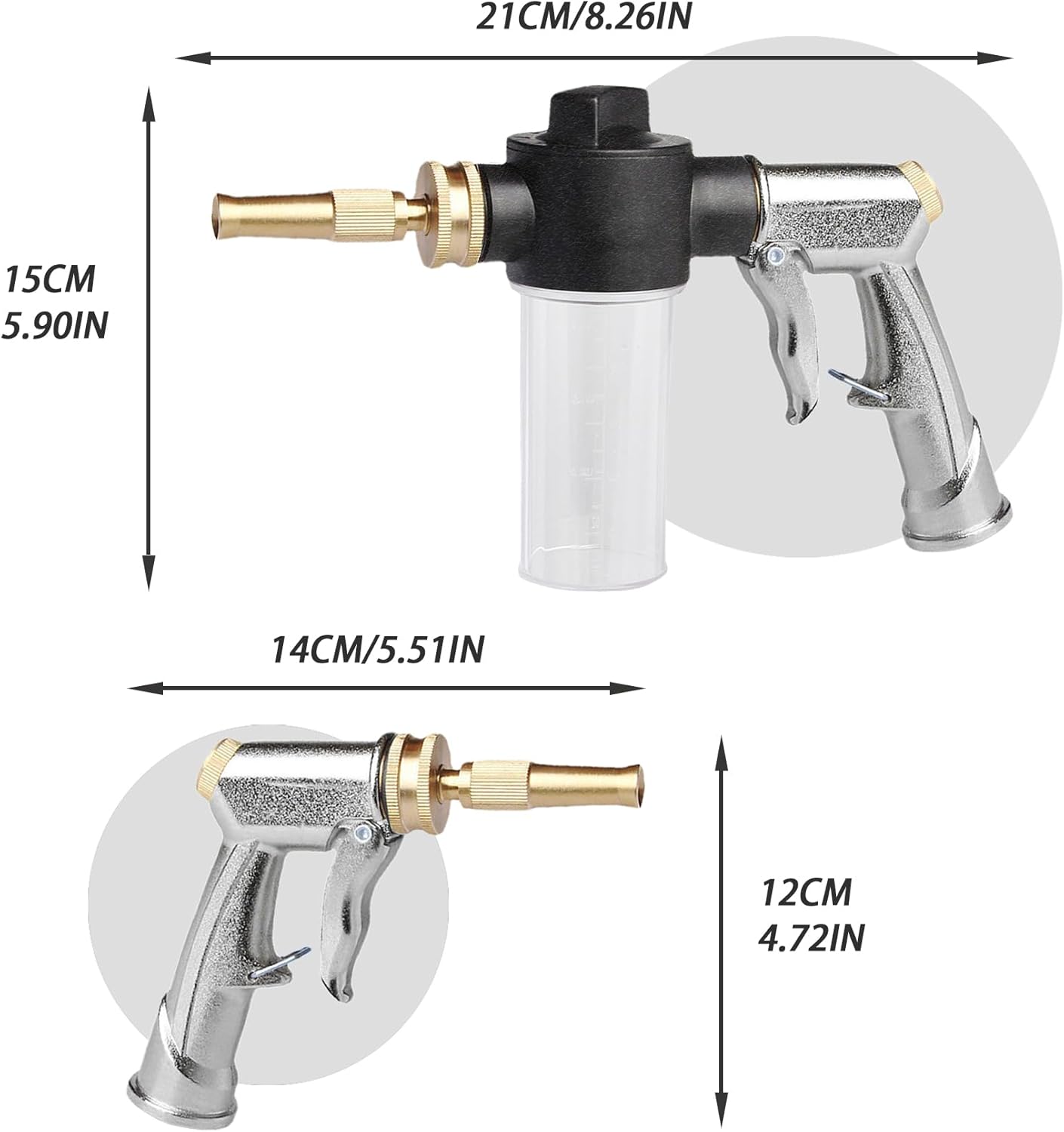 Garden Hose Nozzle Sprayer with 3.5oz Plastic Soap Dispenser Bottle, Heavy Duty High Pressure Car Wash Foam Gun, Adjustable Nozzle for Gardening, Solar Panel Cleaning, Pet Showering (Silver)