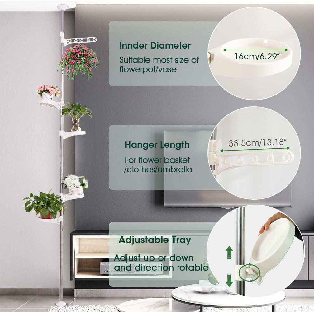 Hershii 5-Layer Indoor Plant Pole Spring Tension Rod Corner Flower Display Rack Adjustable Plant Pot Stand Holder Telescopic Floor to Ceiling Shelf Space Saving - Ivory