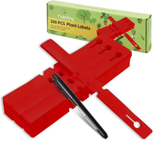 Plant Labels 200 Pcs Yuanling Plastic Plant Tree Tags Wrap Around Hanging Tags Nursery Tree Markers Adjustable Garden Labels for Indoor Outdoor Gardening Plants (Red with 1 Marker Pen)