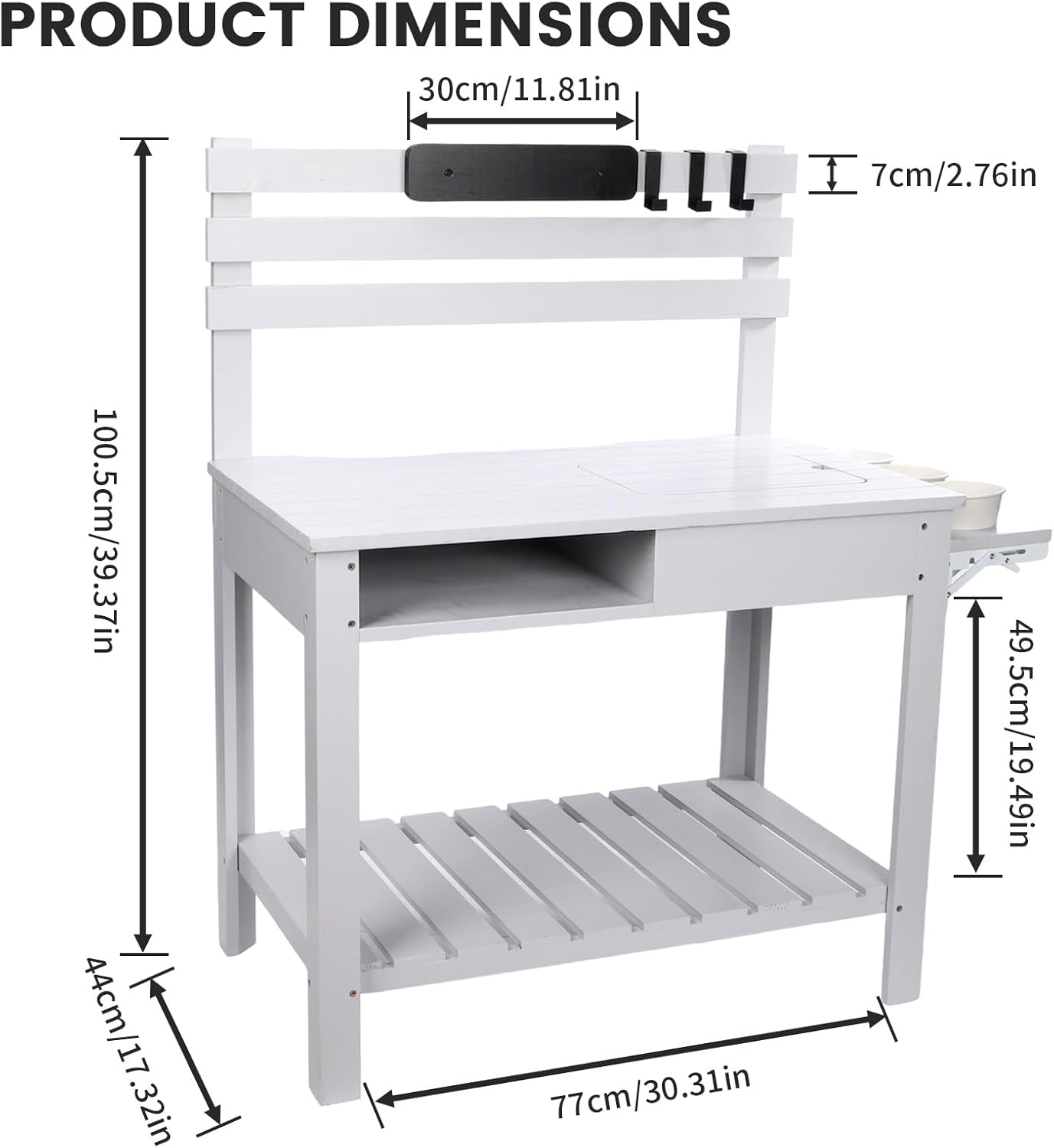 Potting Bench Outdoor Potting Table—All-Weather Kids Solid Wood Garden Work Station with Sink、Hooks、3Flower Pots, Weather Proof（White Grey, Large）