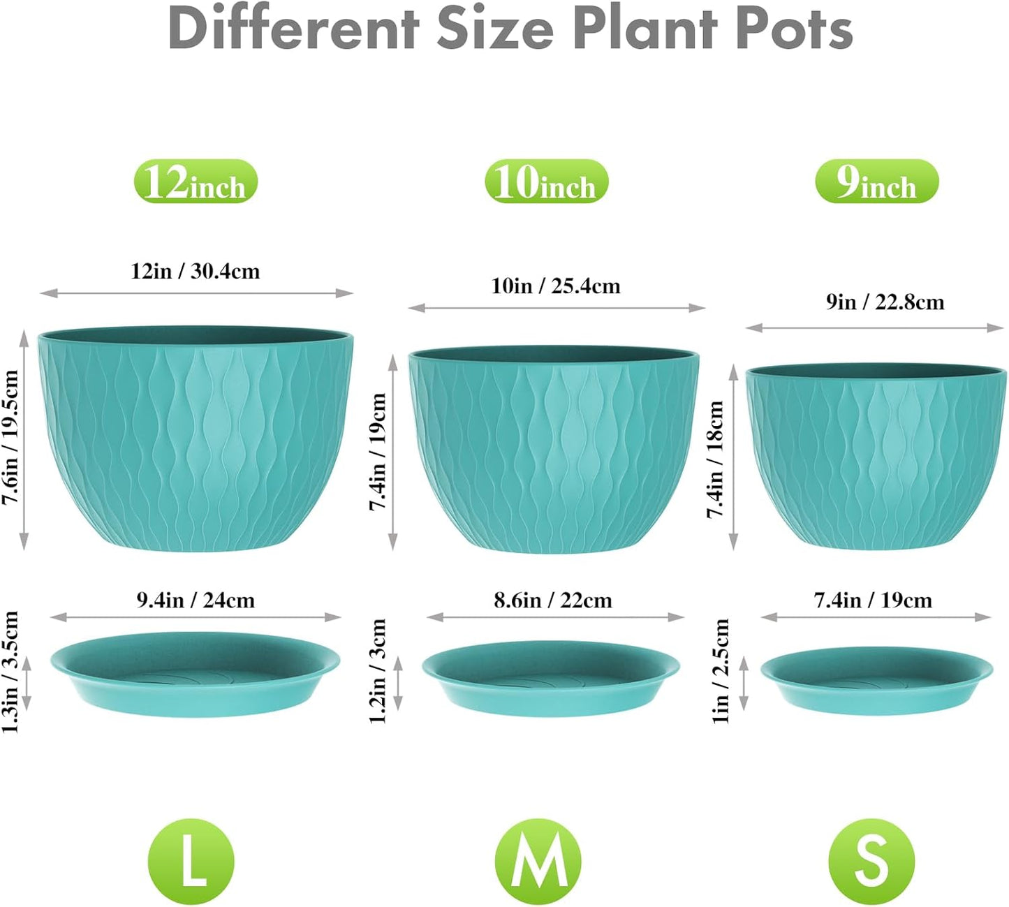 Large Plant Pots 12/10/9 inch, 3 Pack Big Flower Pots for Outdoor Indoor Plants with Water Ripples, Wide Plastic Planters with Drainage Holes and Saucers for Garden Home Decor, Blue Green