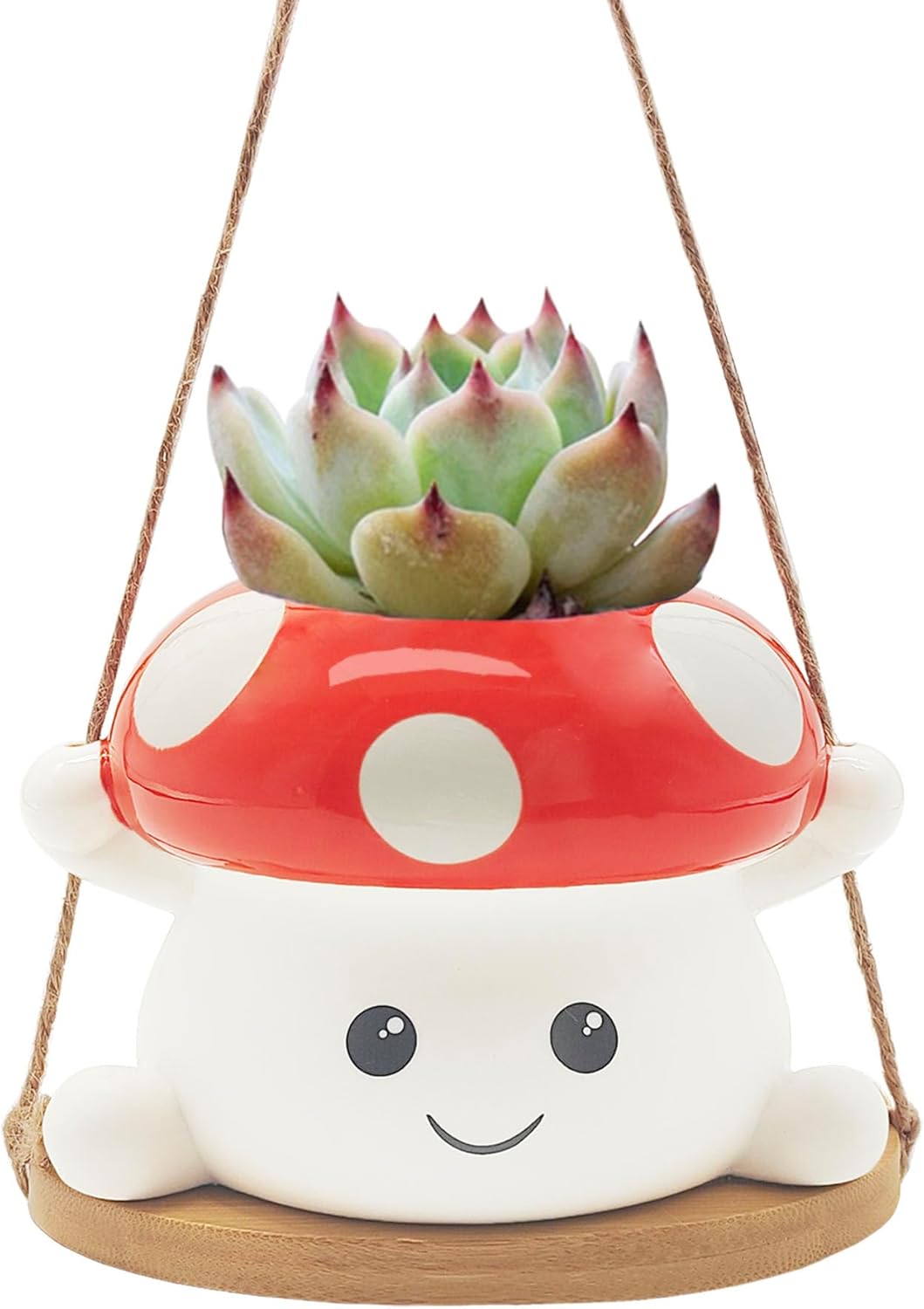 Mushroom Swing Plant Pot,Ceramic Hanging Plant Holder for Indoor Outdoor Plants,Cute Plant Hanger Flower Pot Mushroom Garden Decor Mushroom Gift