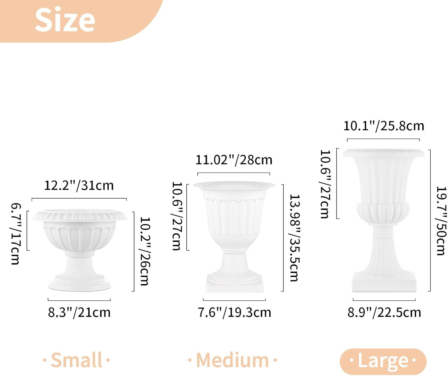 NUPTIO 2 Pcs Classic Urn Planter, 19.7 inch Tall Large Plastic Outdoor Urns Planters, Pedestal Flower vases Plant Pot, Resin Grecian Plants pots for Garden Porch Front Door, White