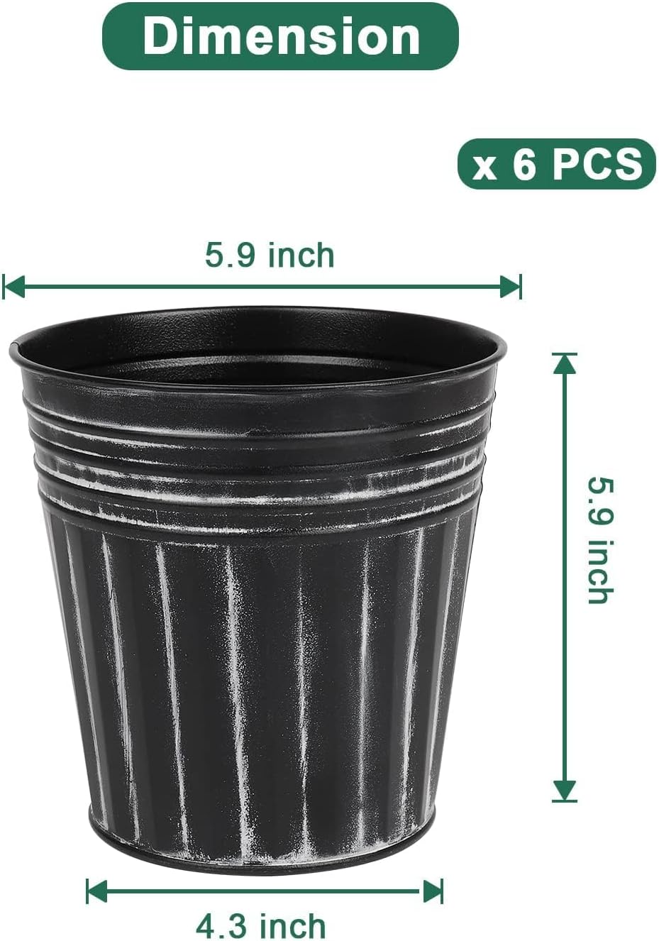 6 Inch Black Metal Rustic Flower Pots - 6Pcs Galvanized Planters with Drainage Hole and Rubber Plug, Rustproof Metal Bucket Plant Pots Farmhouse Vintage Style for Decor