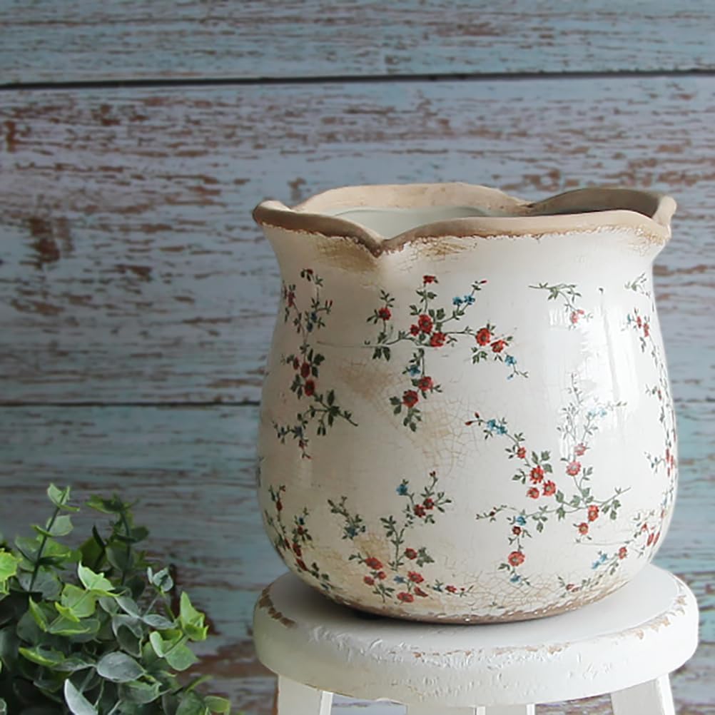 Ceramic Pots for Plants, Vintage Plant Pot with Drainage Hole, 6.11in. Planter for Indoor Plants, Crackle Glaze Finish Flower Pot, Perfect Tuscan Ceramic Planter for Gardening, Small Red Blooms