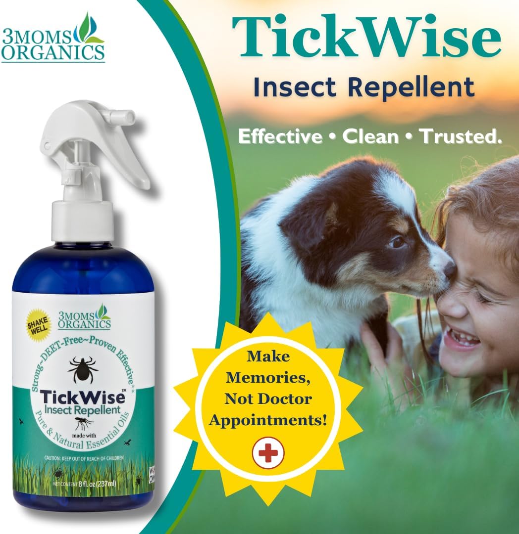 3 Moms Organics TickWise 8oz, Made with All Natural Essential Oils, DEET-Free, Tick and Insect Repellent, Plant Based Essential Oils, All Natural Ingredients Great for Adults, Kids, Dogs & Horses