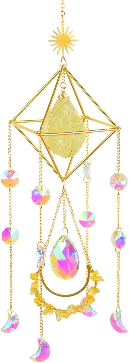 Citrine Crystal Suncatchers Boho Decor, Light Catcher Hanging, Unique for Moms, Glass Rainbow Maker, Crystal Window Hanging, Natural Gemstone (Citrine)