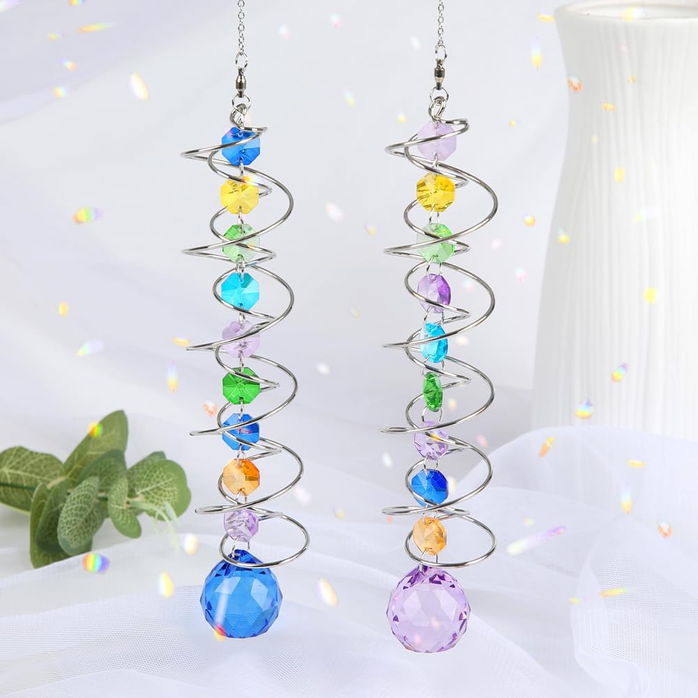 Sun Catchers, 2pcs Gazing Ball Spiral Tail Wind Spinners Crystal Suncatcher Prism Hanging Crystals Rainbow Maker for Windows Indoor Outdoor Garden Car Decorations Christmas Party Gifts for Girls Women
