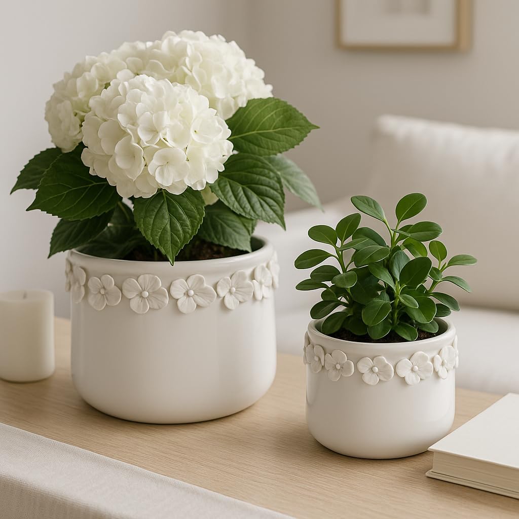 Decorative Flower Pot for Home Decor – Ceramic Indoor or Outdoor Planter with Sculpted Floral for Succulents or Houseplants – Pot for Plants for Garden, Patio, or Room Decor; Set of 2 – 7", 6" White