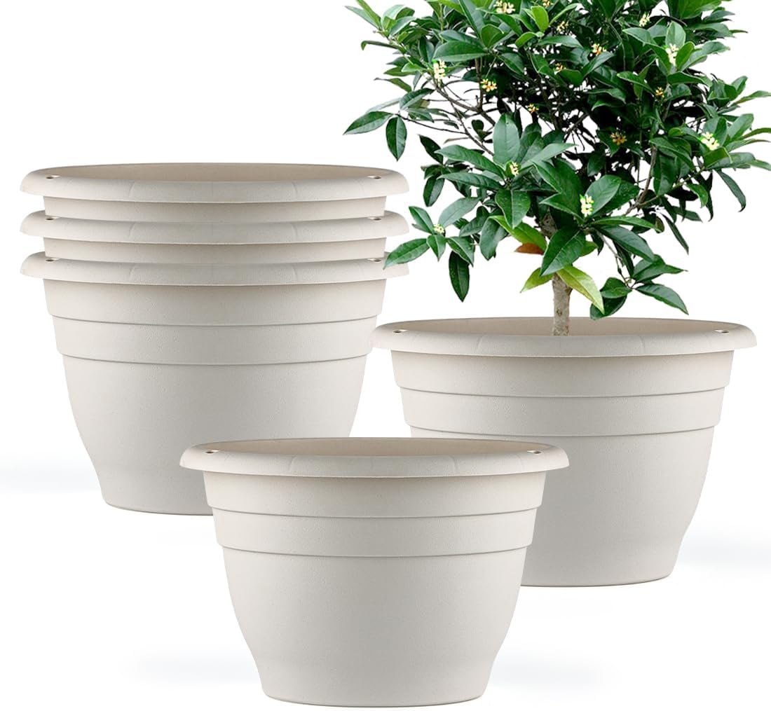 Plant Pots Set of 5, 10" Outside Diameter Flower Pots, 8.5" Inner Diameter Plant Planters with Drainage Hole, Durable Garden Pots Perfect for Indoor & Outdoor Plant Planting, Decor, White