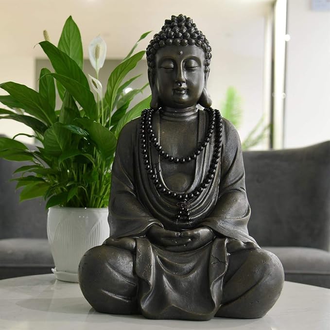 Goodeco 11.4" Meditating Buddha Statue Home Decor - Meditation Gifts for Room/Garden/Patio/Deck/Porch Yard Art Decoration, Zen Decor Buda Statues with Natural Wood Beaded Necklace