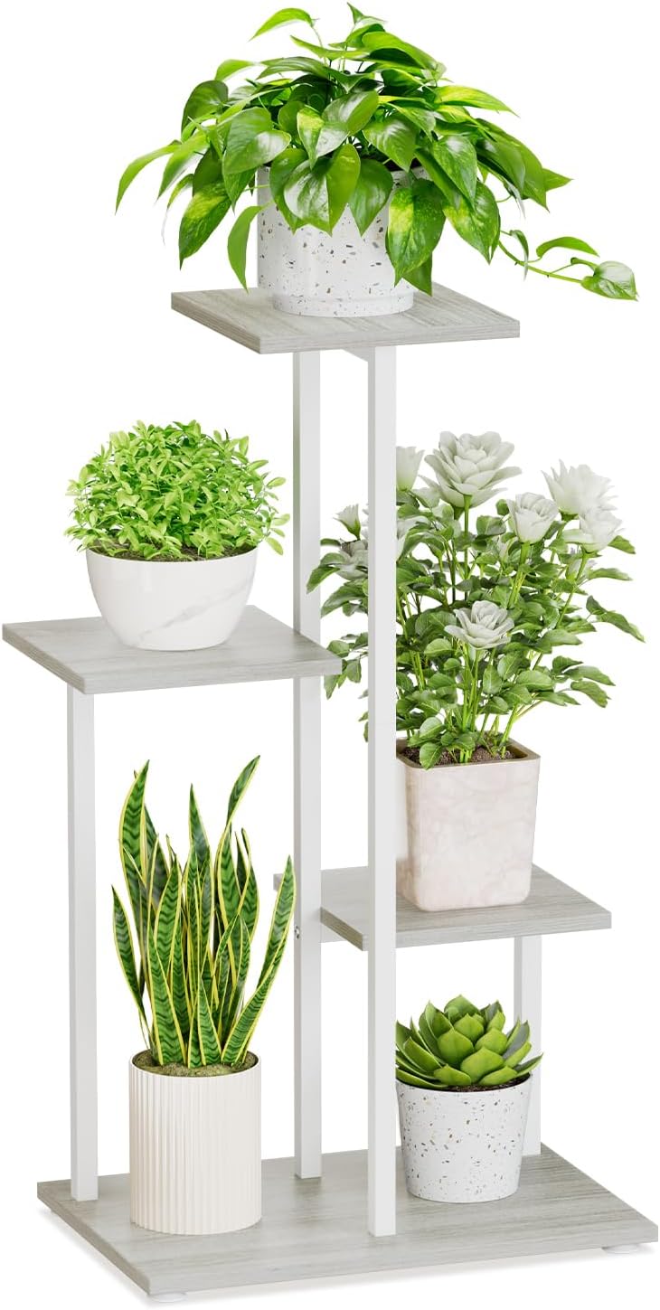 iDavosic.ly 4 Tier Plant Stand Indoor, Tiered Corner Plant Shelf for Multiple Plants, Metal Wood Tall Plant Display Rack Flower Holder for Patio Porch Garden Balcony Bedroom, White
