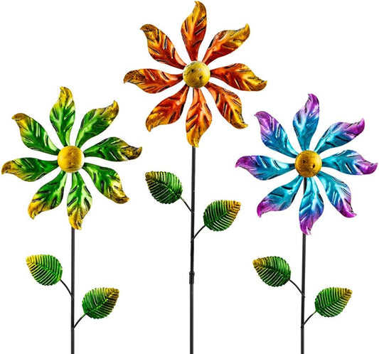 DREAMYSOUL 3 Packs Metal Flowers Wind Spinners Outdoor, Pinwheel Decorative Garden Stakes, Metal Wind Spinner for Yard and Garden Decor