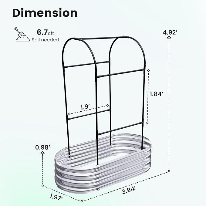 KING BIRD Raised Garden Bed with Arched Trellis Galvanized Planter Garden Box Outdoor for Gardening, Climbing Vegetables, Flowers 3.94x1.97x0.98 Ft, Silver