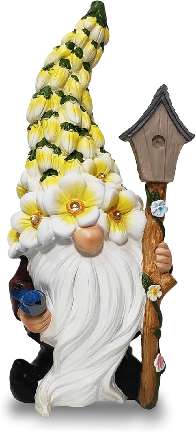 Solar Gnome Statue with Flower Hat - Solar Resin Garden Outdoor Statue Sculpture,Whimsical Gnome Figurine for Woman Gift Home and Garden Decor