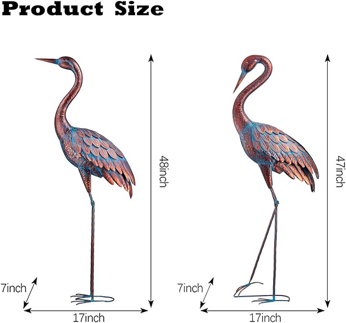 Kircust Garden Crane Statues Patina Heron Decoy, Standing Metal Crane Sculptures Bird Yard Art for Outdoor Decor, Set of 2