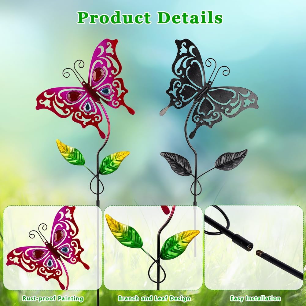Butterfly Garden Decor for Outside,Colourful Butterfly Decorations Garden Kit 5 Pcs with Gems,Metal Yard Art Outdoor Garden Stakes Decorative Patio Home Decor