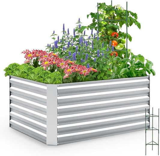 Quictent Galvanized Raised Garden Bed 4x3x2ft Tall Garden Bed Extra Height 22.4" Hold 24cft Soil Outdoor Heightened Planter Box for Deep Root Vegetables Herbs Tomato Cage Included, Silver