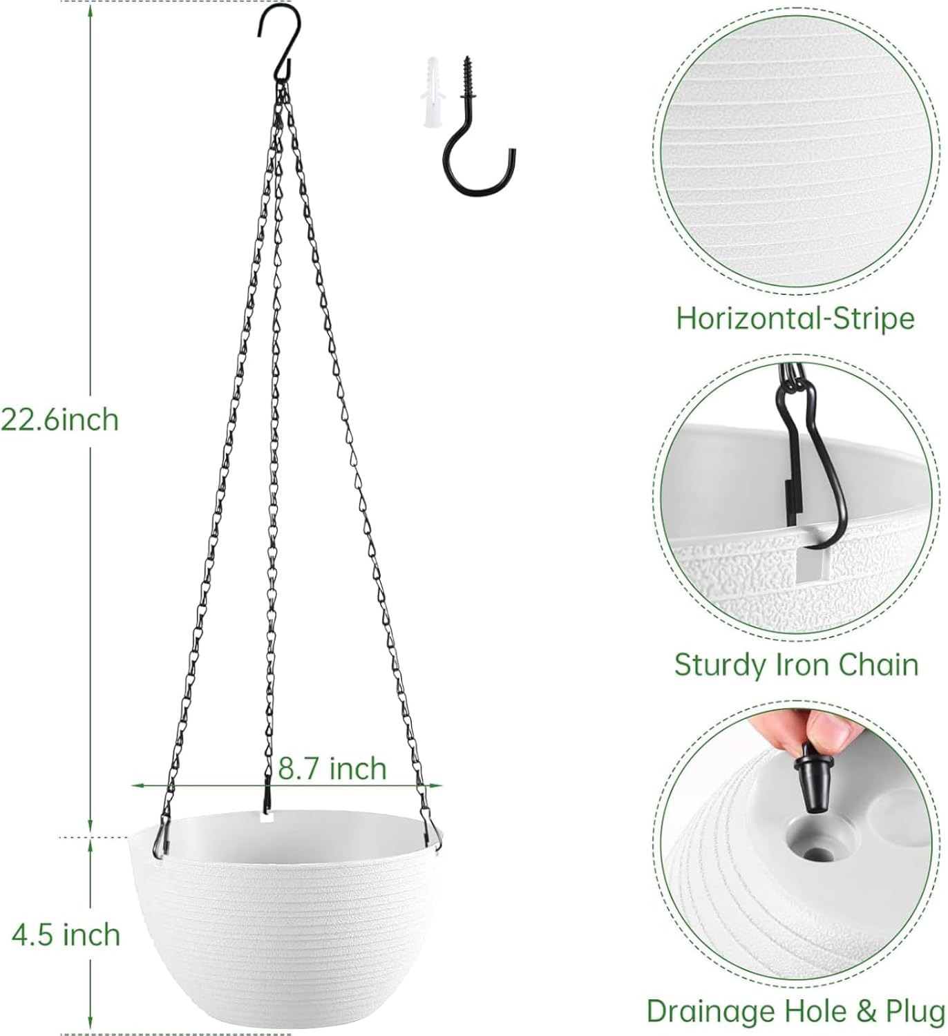 Hanging Planters for Indoor Outdoor Plants, Set of 2 Self Watering Hanging Pots with Drainage Hole & Plug and 20" Chain & Hooks
