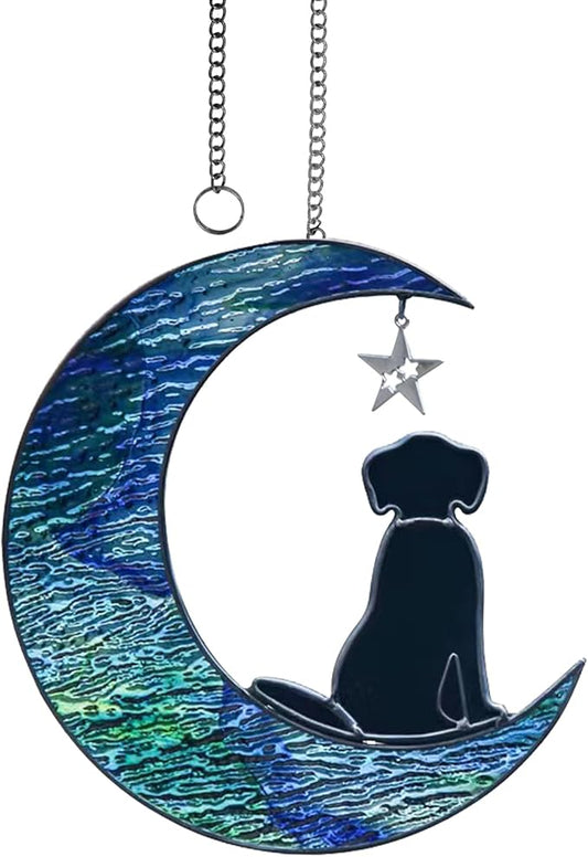 Dog Decor Stained Glass Moon Suncatchers Window Hanging, Wall Art Element Earth Tones Modern Design Home Garden Suncatcher, Dog Lovers for Halloween Decor (Moon Dog)