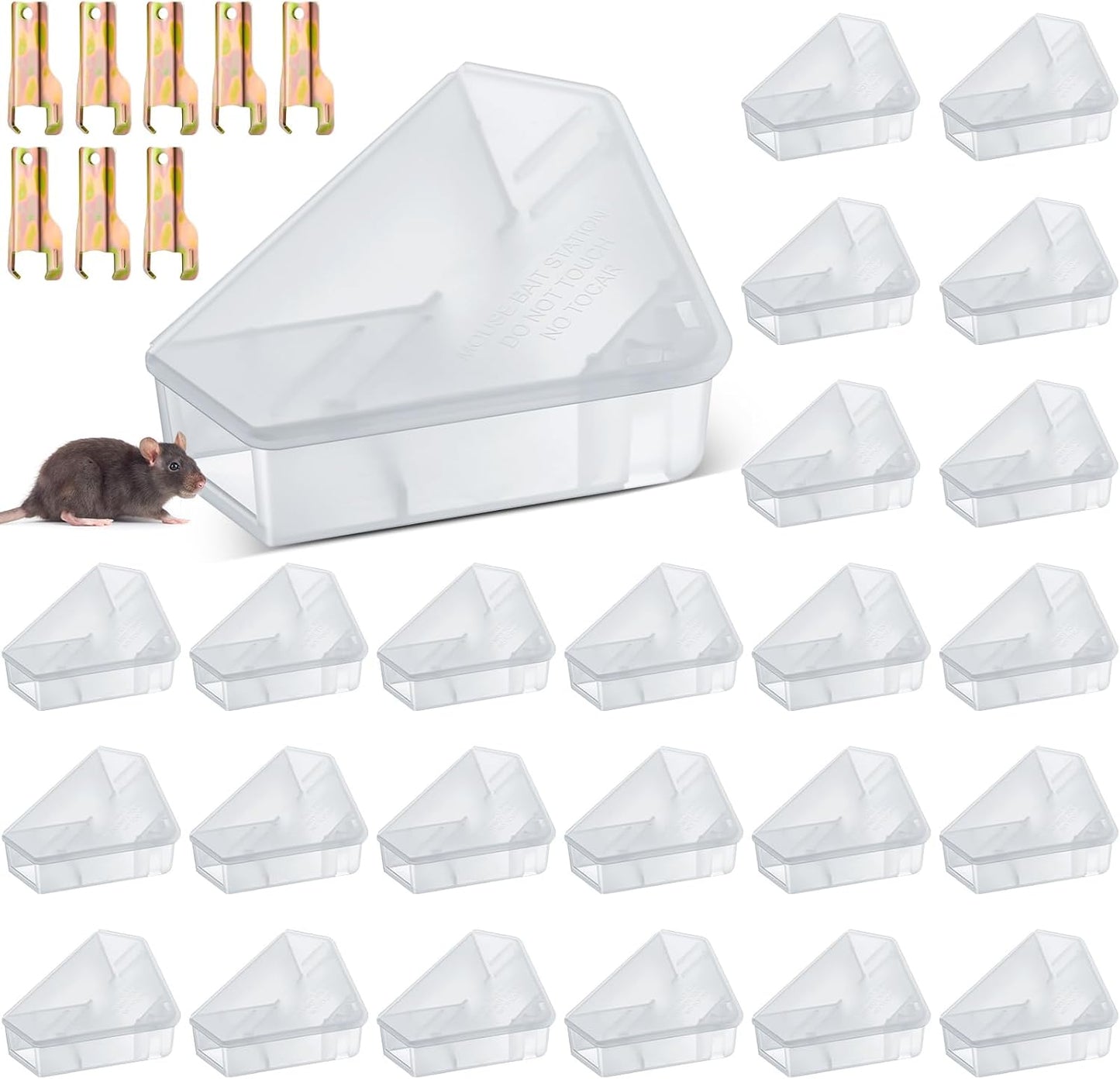 Qualirey 24 Pcs Mice Station with Key Triangle Bait Station Reusable Rodent Trap Bait Box, Keeps Children and Pets Safe Indoor & Outdoor, Bait Not Included, Suitable for Small Mice (Translucent)