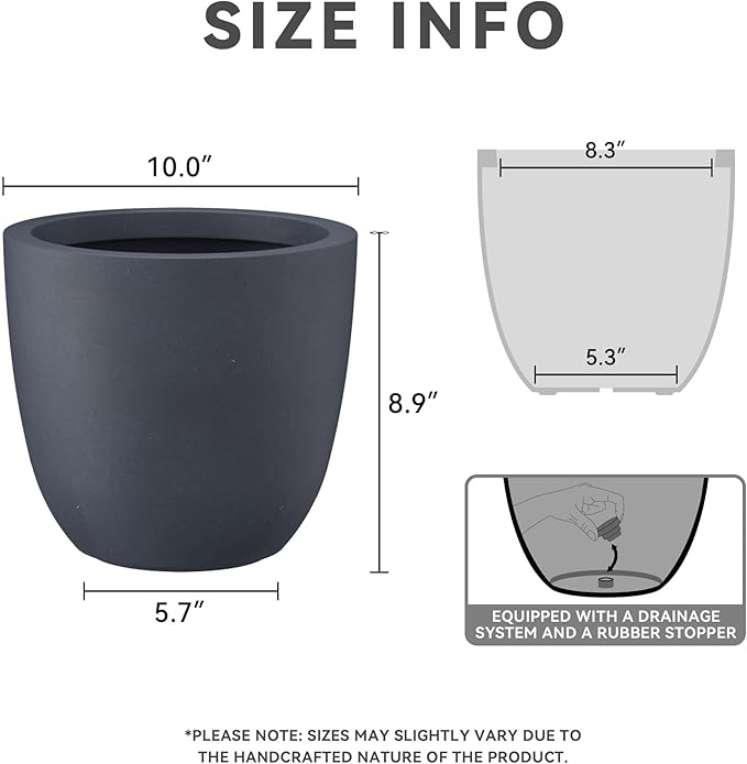 Kante 10 Inch Dia Round Concrete Planter, Indoor Outdoor Large Plant Pot with Drainage Hole and Rubber Plug for Home Patio Garden, Charcoal