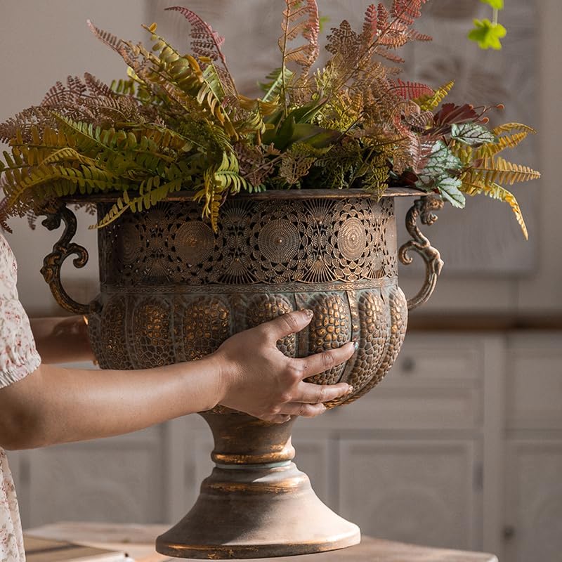 Vintage Metal Decorative Urn Planter with Stand, Embossed Pattern, Bronze Finish (45 * 39 * 36CM)